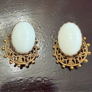 Vintage milk glass cabochon clip on earrings